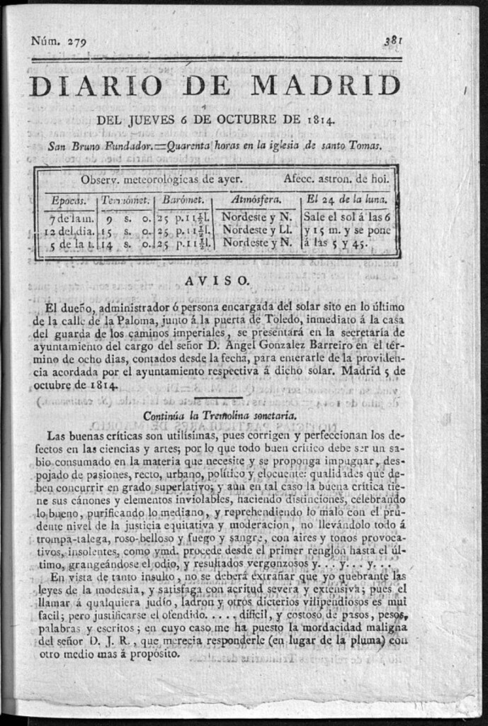 Miniatura de Diario de Madrid del jueves 6 de Octubre de 1814