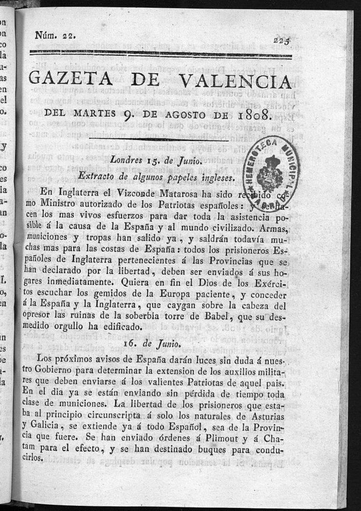 Miniatura de Gazeta de Valencia del 9 de Agosto de 1808