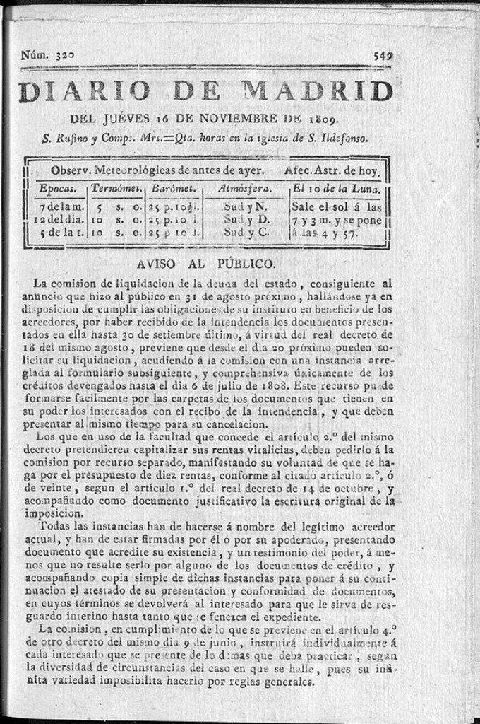 Miniatura de Diario de Madrid jueves 16 de Noviembre de 1809