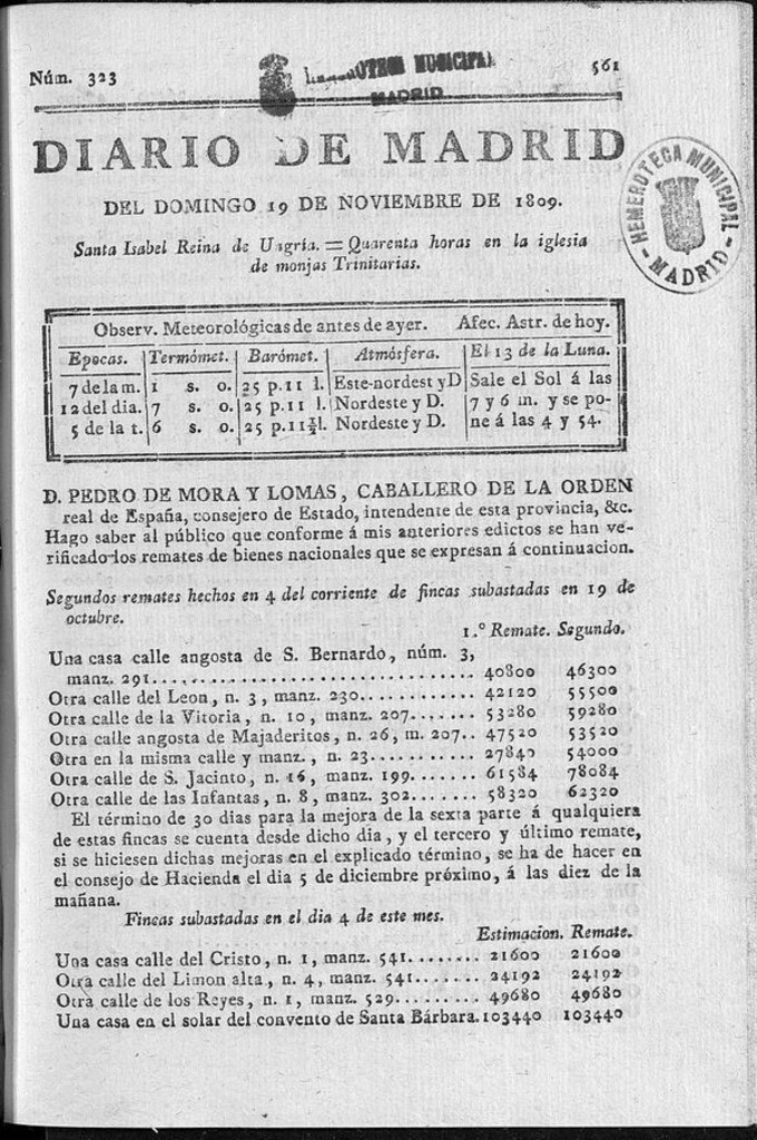 Miniatura de Diario de Madrid domingo 19 de Noviembre de 1809