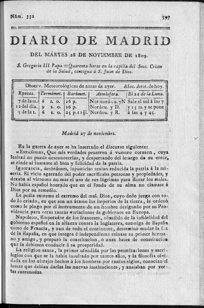 Miniatura de Diario de Madrid martes 28 de Noviembre de 1809