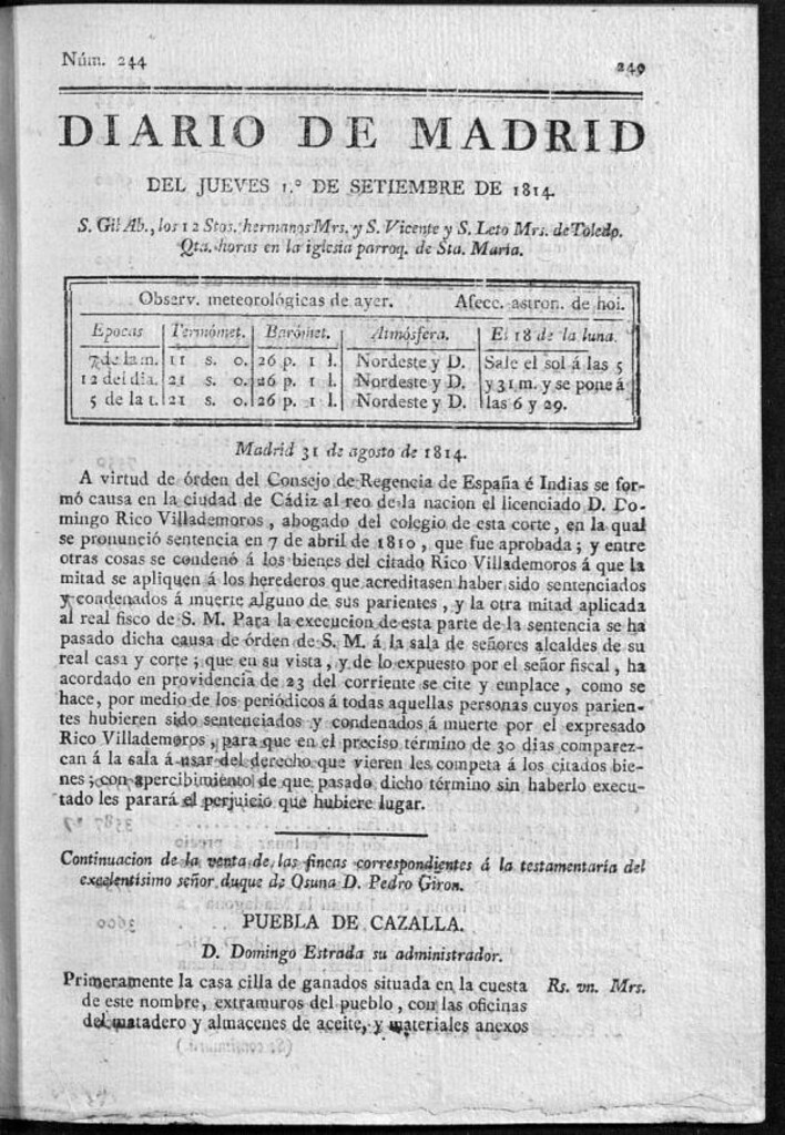 Miniatura de Diario de Madrid del jueves 1 de Septiembre de 1814