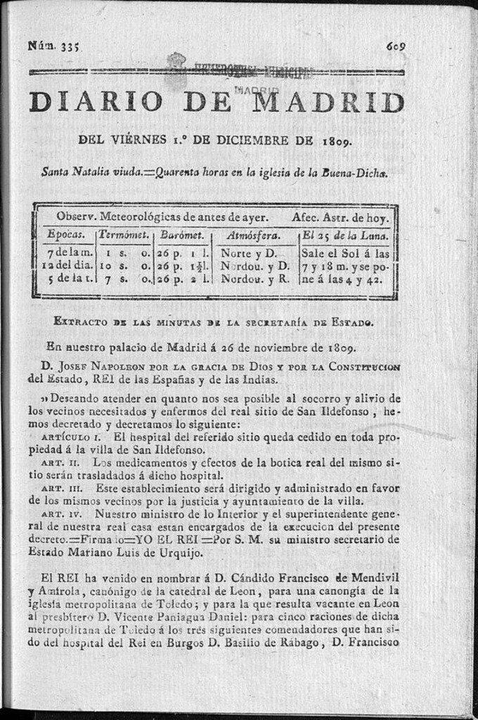 Miniatura de Diario de Madrid viernes 1 de Diciembre de 1809