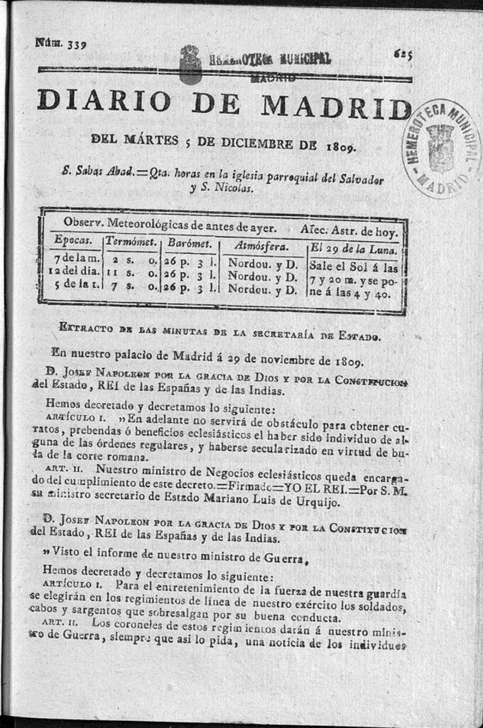 Miniatura de Diario de Madrid martes 5 de Diciembre de 1809