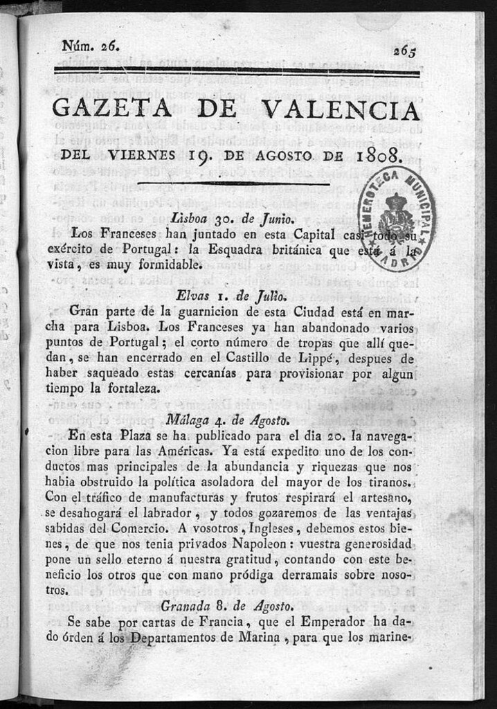 Miniatura de Gazeta de Valencia del 19 de Agosto de 1808