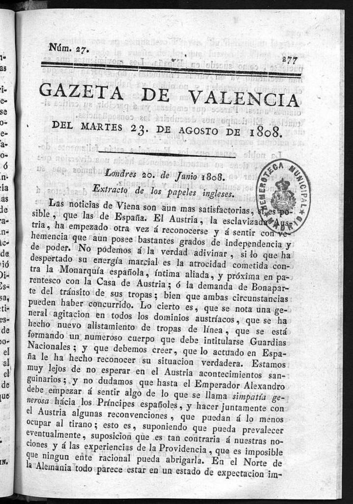 Miniatura de Gazeta de Valencia del 23 de Agosto de 1808