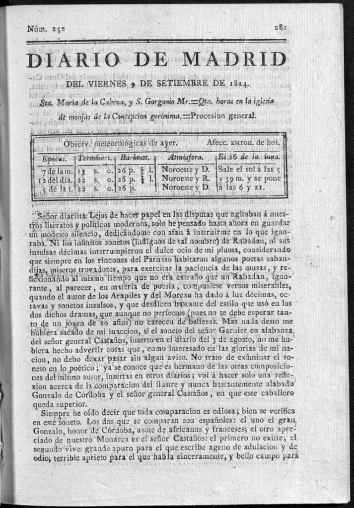 Miniatura de Diario de Madrid del viernes 9 de Septiembre de 1814
