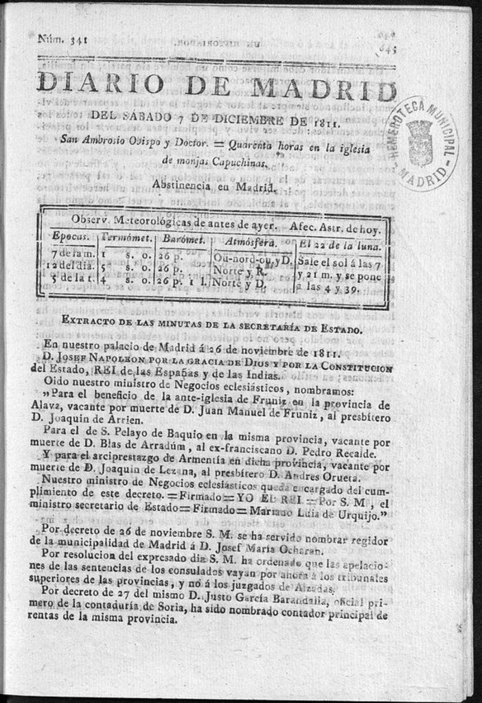 Miniatura de Diario de Madrid del sábado 7 de Diciembre de 1811