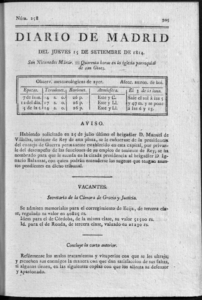 Miniatura de Diario de Madrid del jueves 15 de Septiembre de 1814