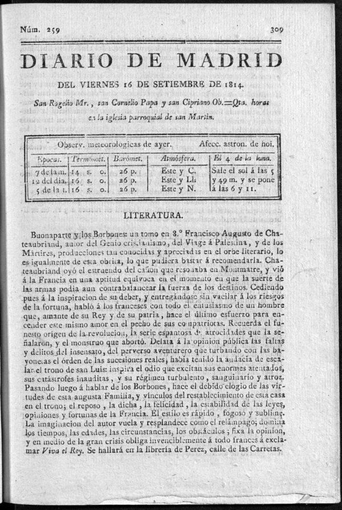 Miniatura de Diario de Madrid del viernes 16 de Septiembre de 1814