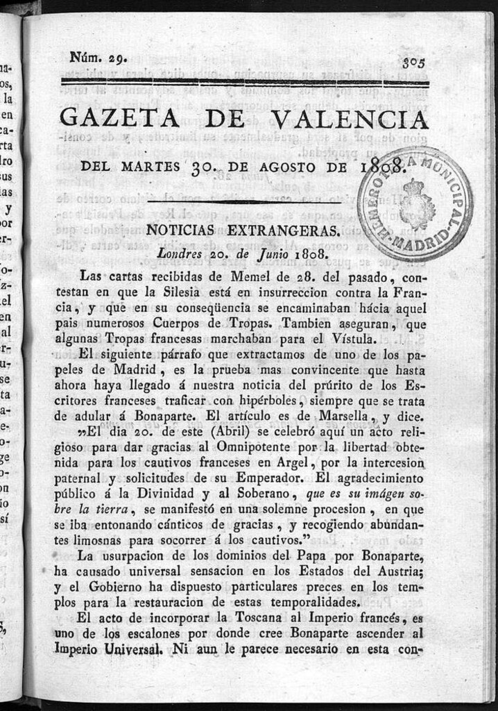 Miniatura de Gazeta de Valencia del 30 de Agosto de 1808