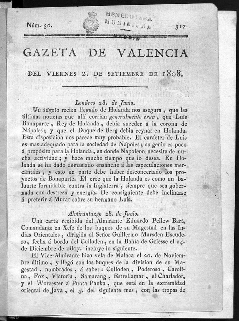 Miniatura de Gazeta de Valencia del 2 de Septiembre de 1808