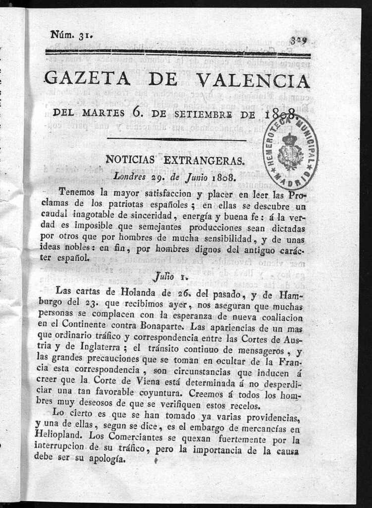 Miniatura de Gazeta de Valencia del 6 de Septiembre de 1808