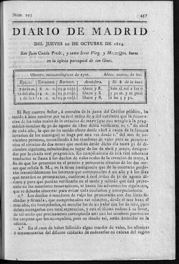 Miniatura de Diario de Madrid del jueves 20 de Octubre de 1814