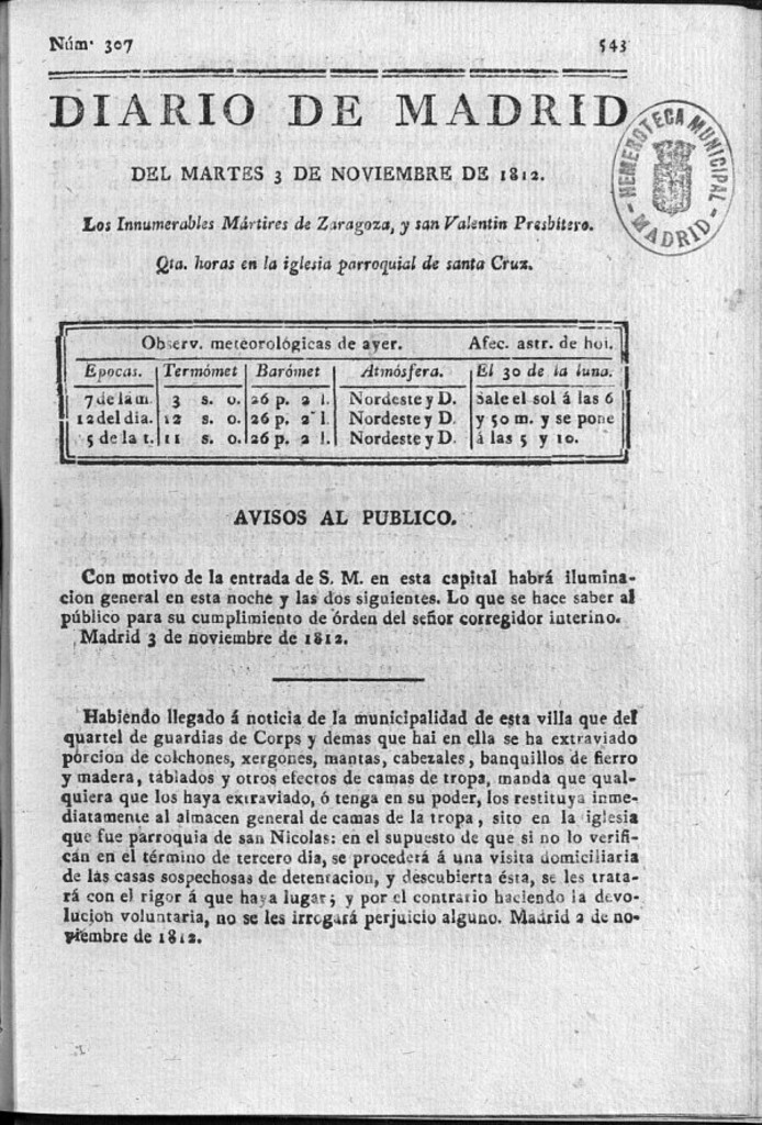Miniatura de Diario de Madrid del martes 3 de Noviembre de 1812