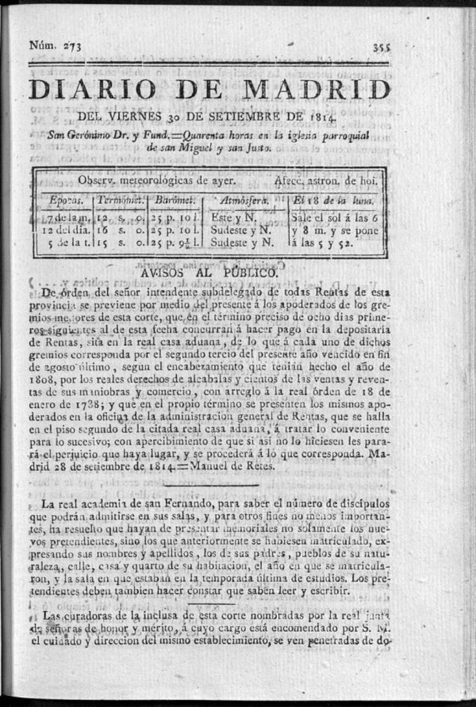 Miniatura de Diario de Madrid del viernes 30 de Septiembre de 1814