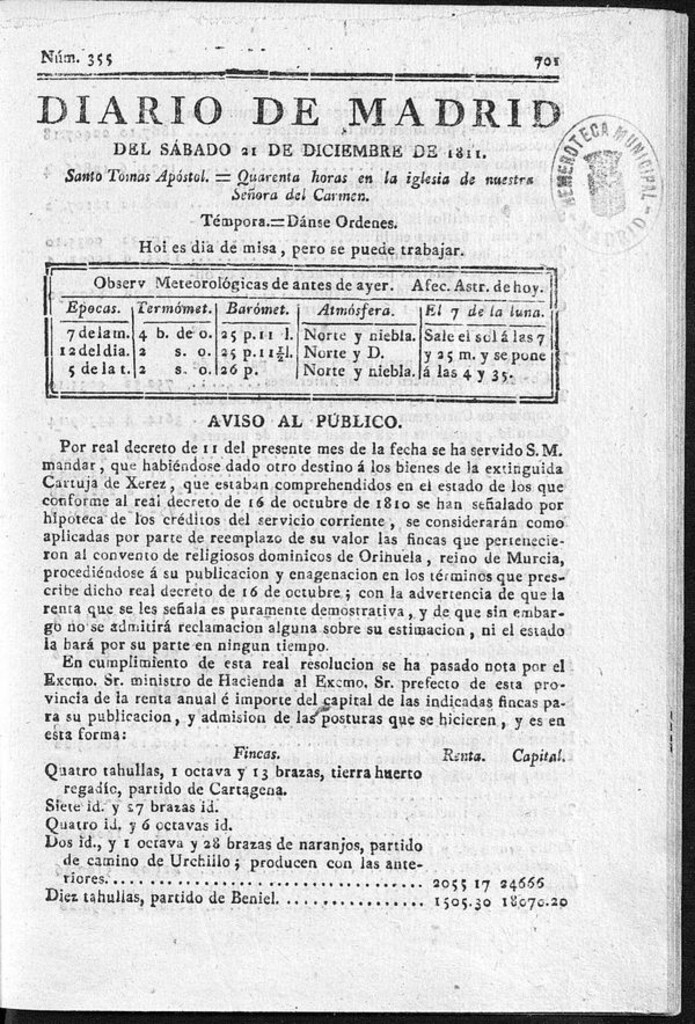 Miniatura de Diario de Madrid del sábado 21 de Diciembre de 1811
