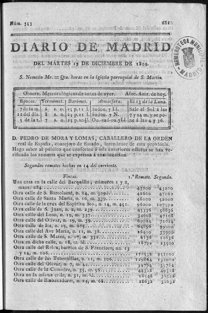 Miniatura de Diario de Madrid martes 19 de Diciembre de 1809