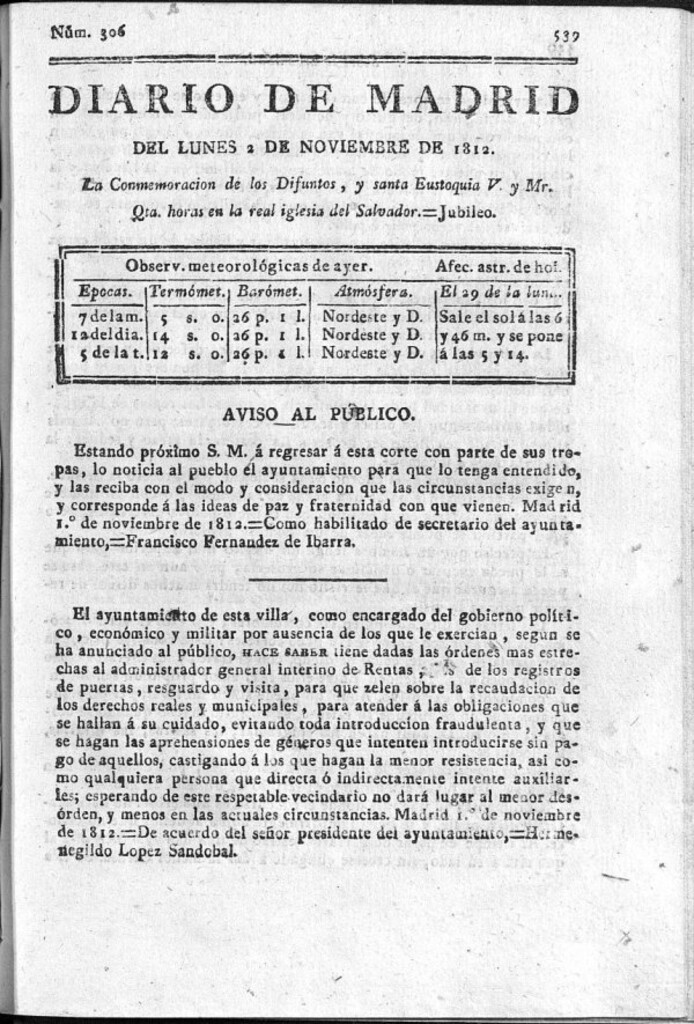 Miniatura de Diario de Madrid del lunes 2 de Noviembre de 1812