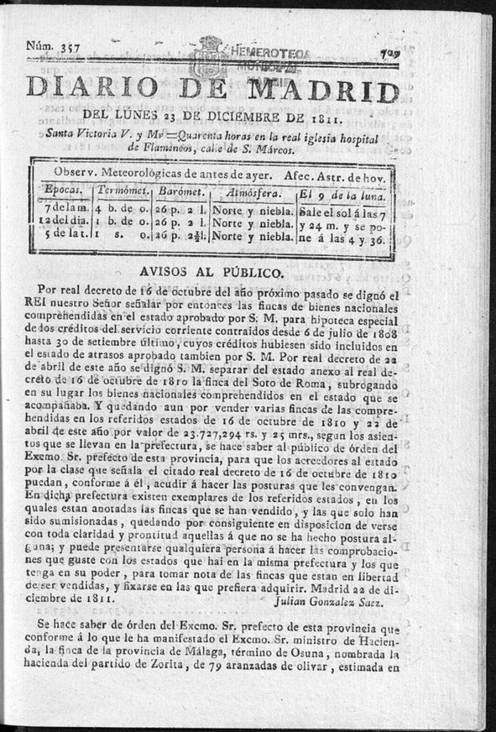 Miniatura de Diario de Madrid del lunes 23 de Diciembre de 1811