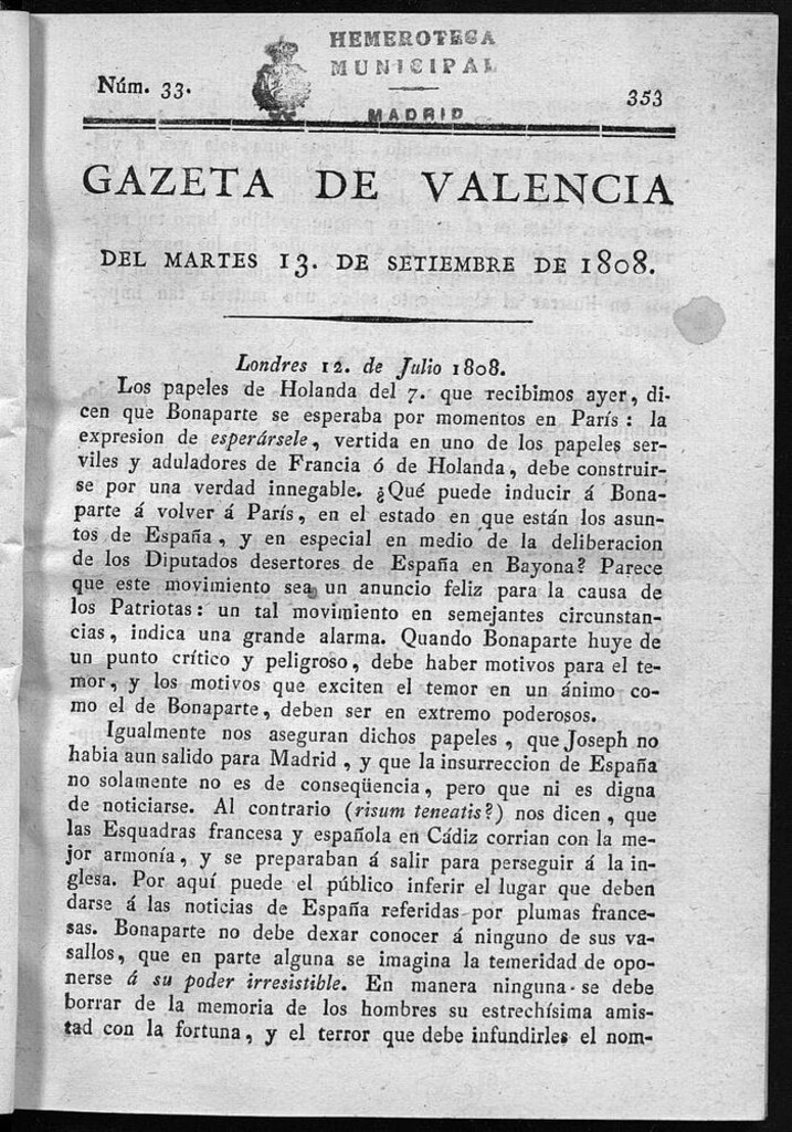 Miniatura de Gazeta de Valencia del 13 de Septiembre de 1808