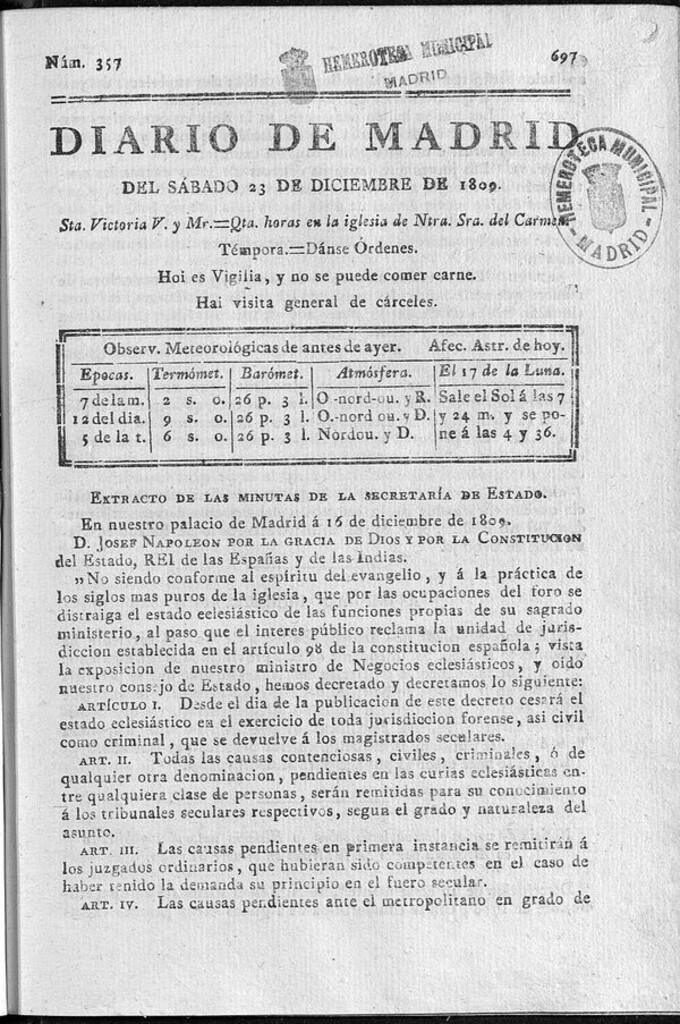 Miniatura de Diario de Madrid sábado 23 de Diciembre de 1809