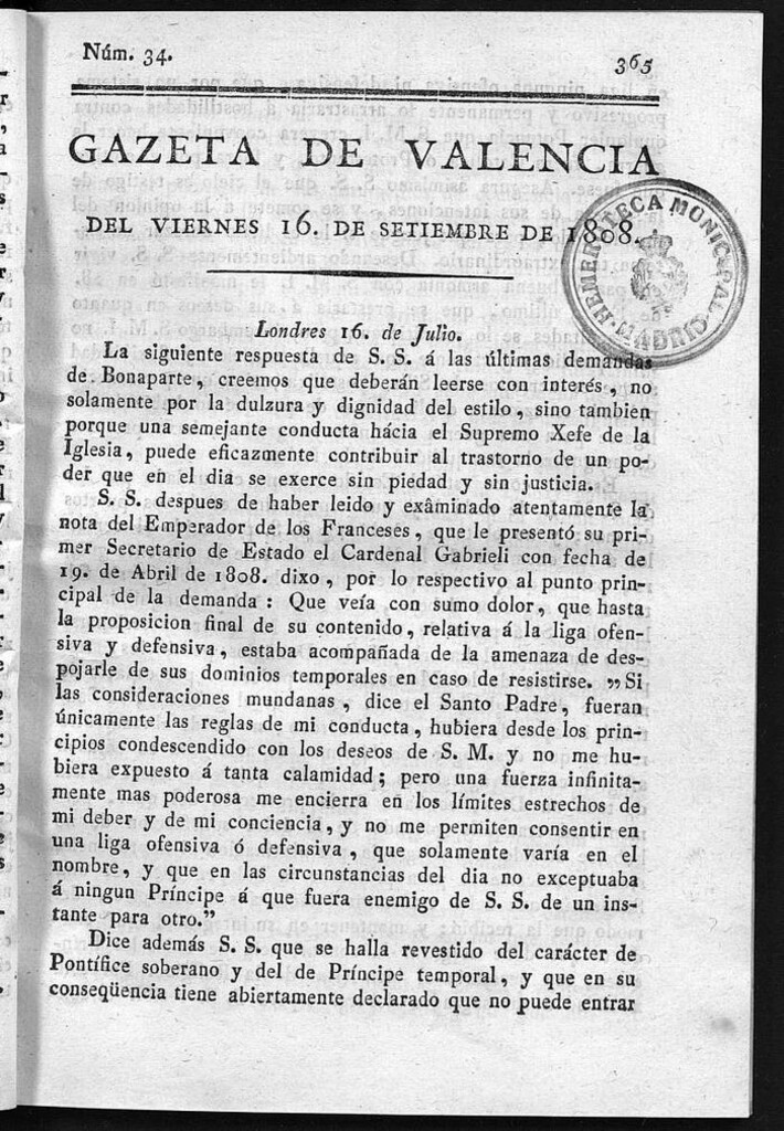 Miniatura de Gazeta de Valencia del 16 de Septiembre de 1808