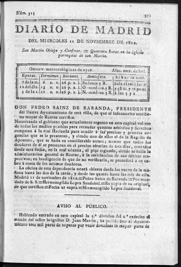 Miniatura de Diario de Madrid del miércoles 11 de Noviembre de 1812