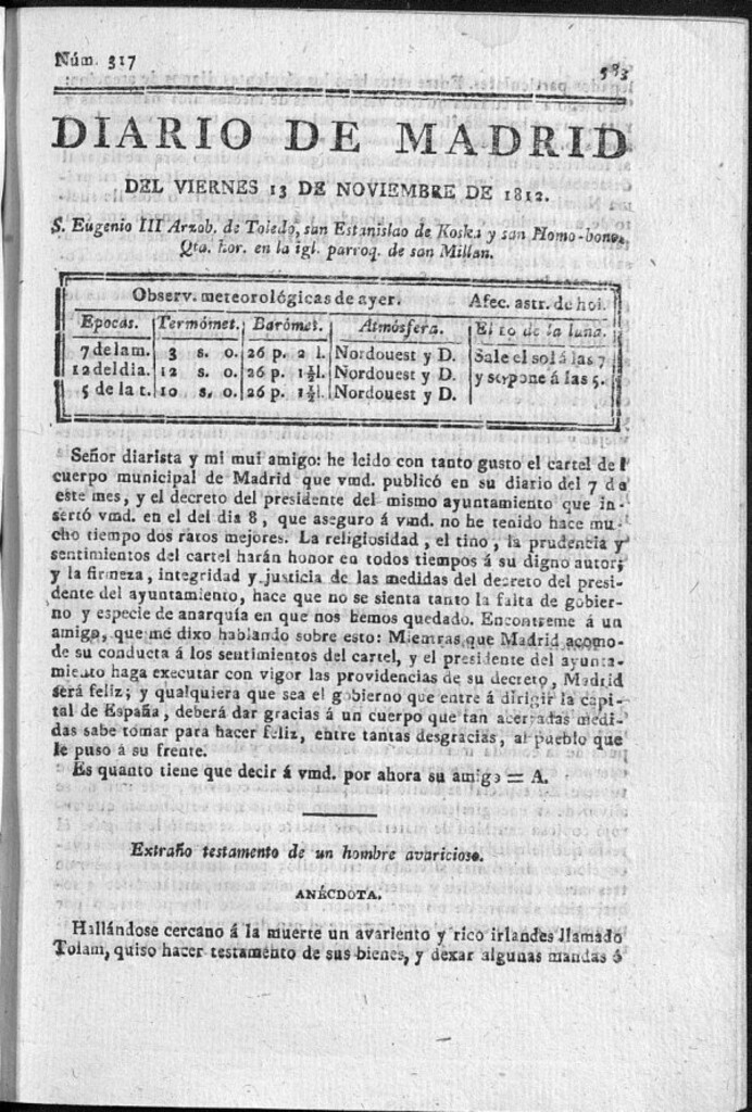 Miniatura de Diario de Madrid del viernes 13 de Noviembre de 1812