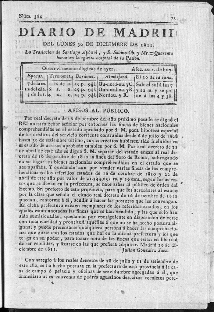 Miniatura de Diario de Madrid del lunes 30 de Diciembre de 1811