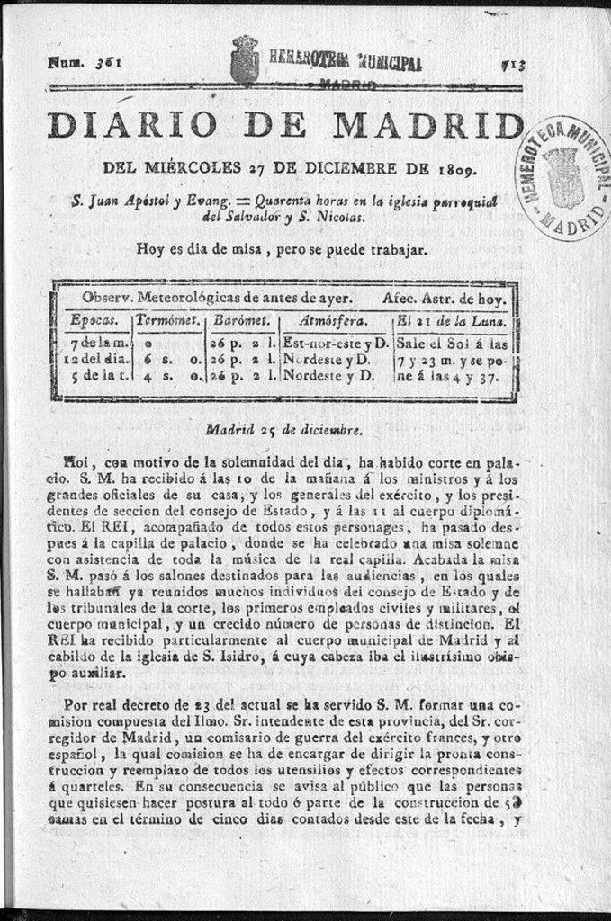 Miniatura de Diario de Madrid miércoles 27 de Diciembre de 1809