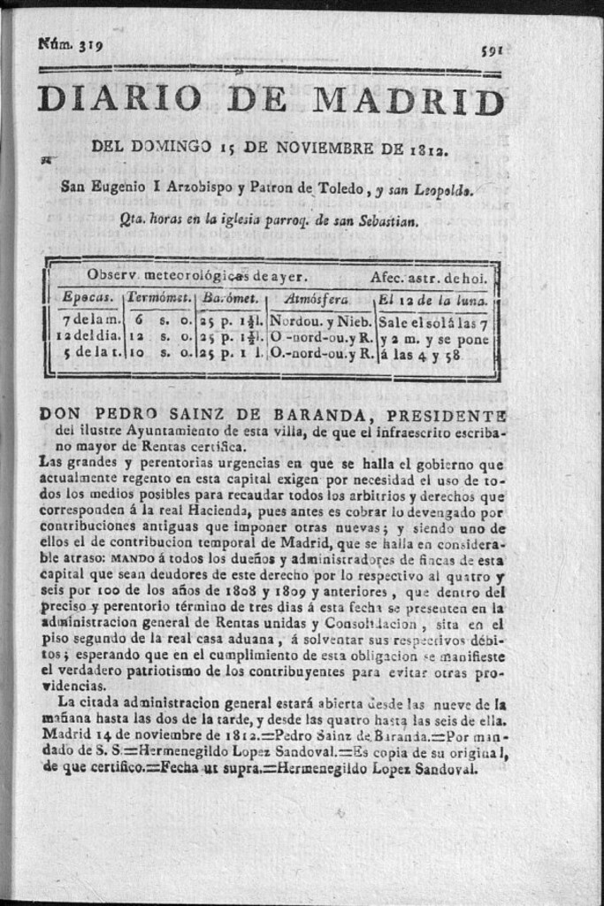 Miniatura de Diario de Madrid del domingo 15 de Noviembre de 1812