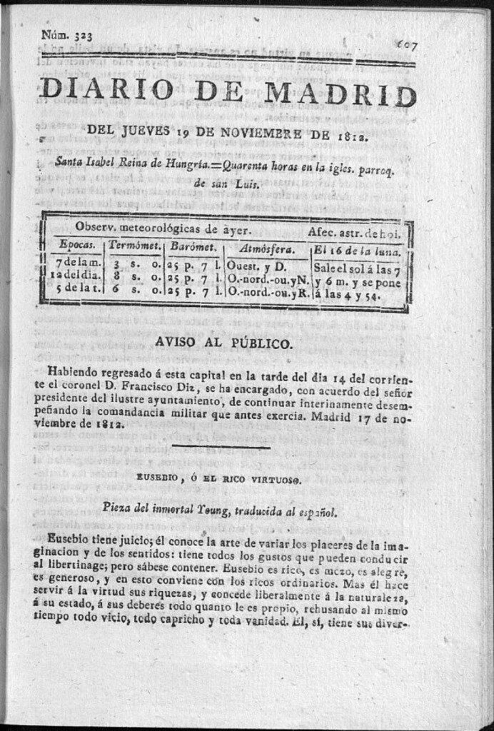 Miniatura de Diario de Madrid del jueves 19 de Noviembre de 1812