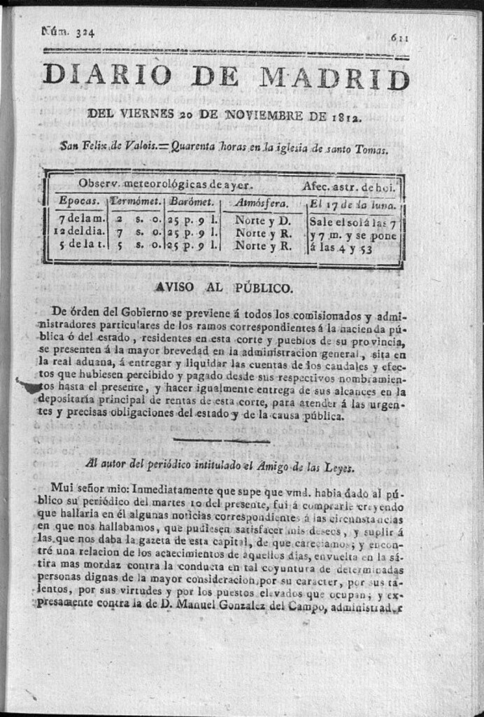 Miniatura de Diario de Madrid del viernes 20 de Noviembre de 1812