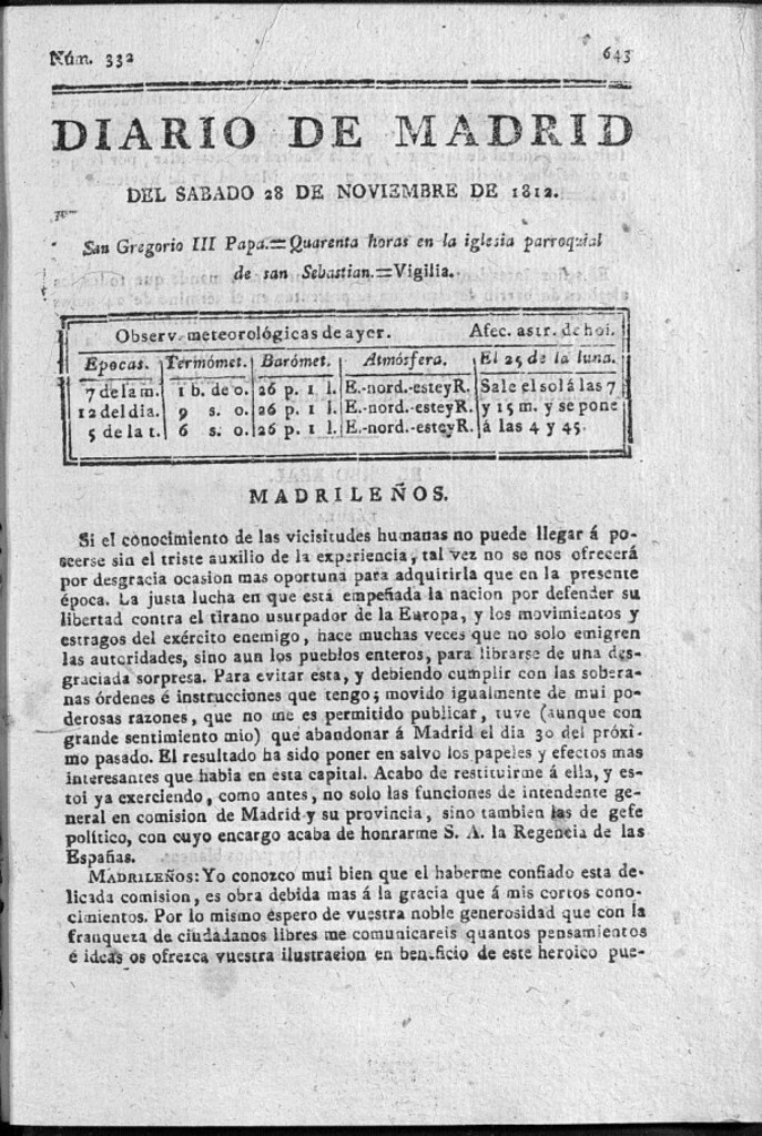Miniatura de Diario de Madrid del sábado 28 de Noviembre de 1812