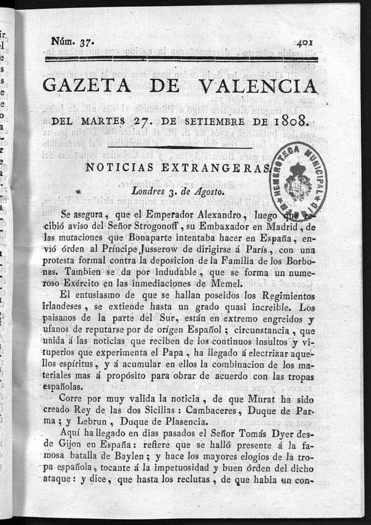 Miniatura de Gazeta de Valencia del 27 de Septiembre de 1808