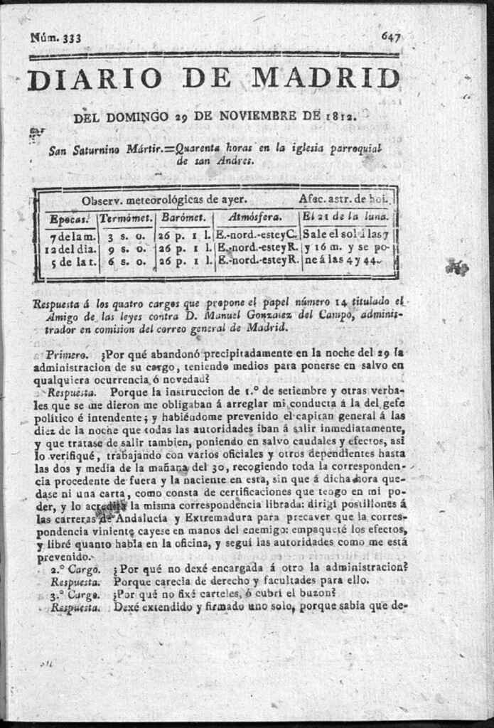 Miniatura de Diario de Madrid del domingo 29 de Noviembre de 1812