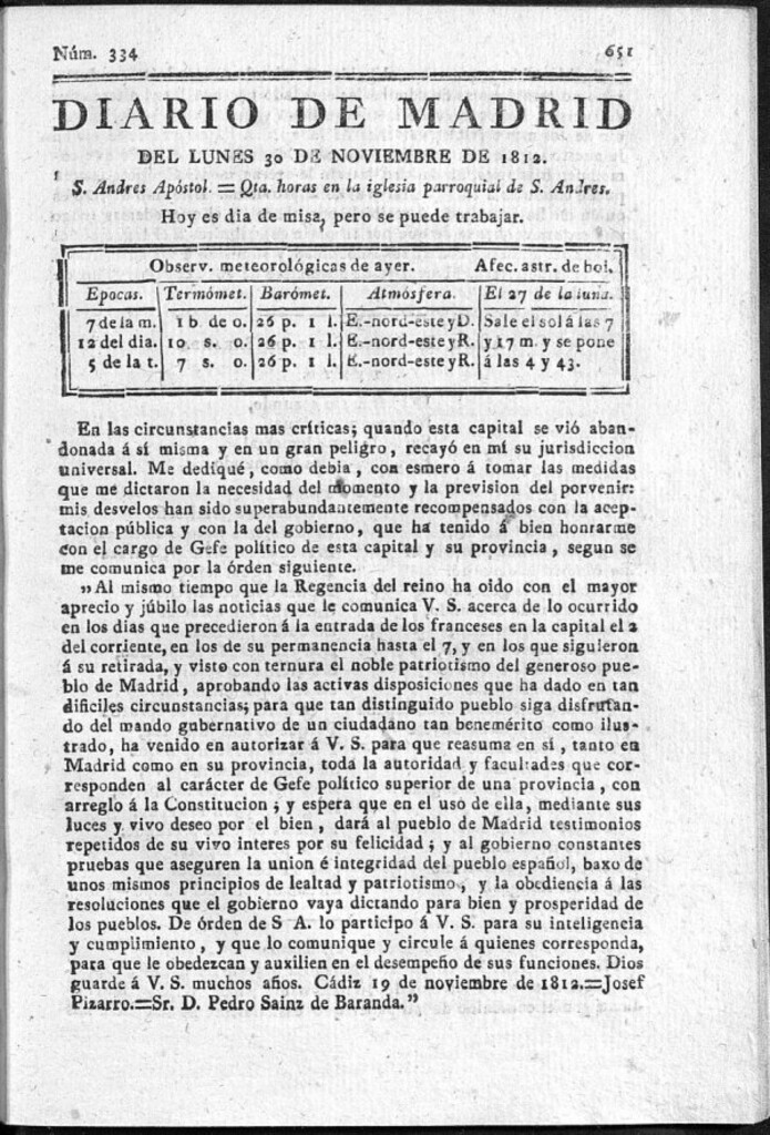 Miniatura de Diario de Madrid del lunes 30 de Noviembre de 1812