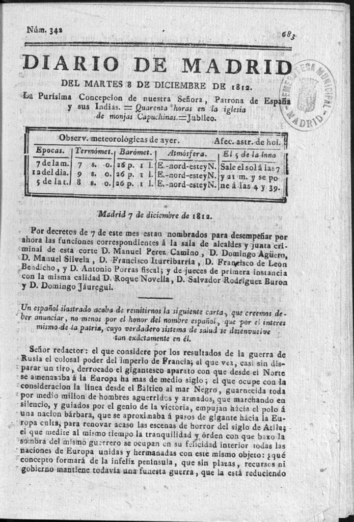 Miniatura de Diario de Madrid del martes 8 de Diciembre de 1812