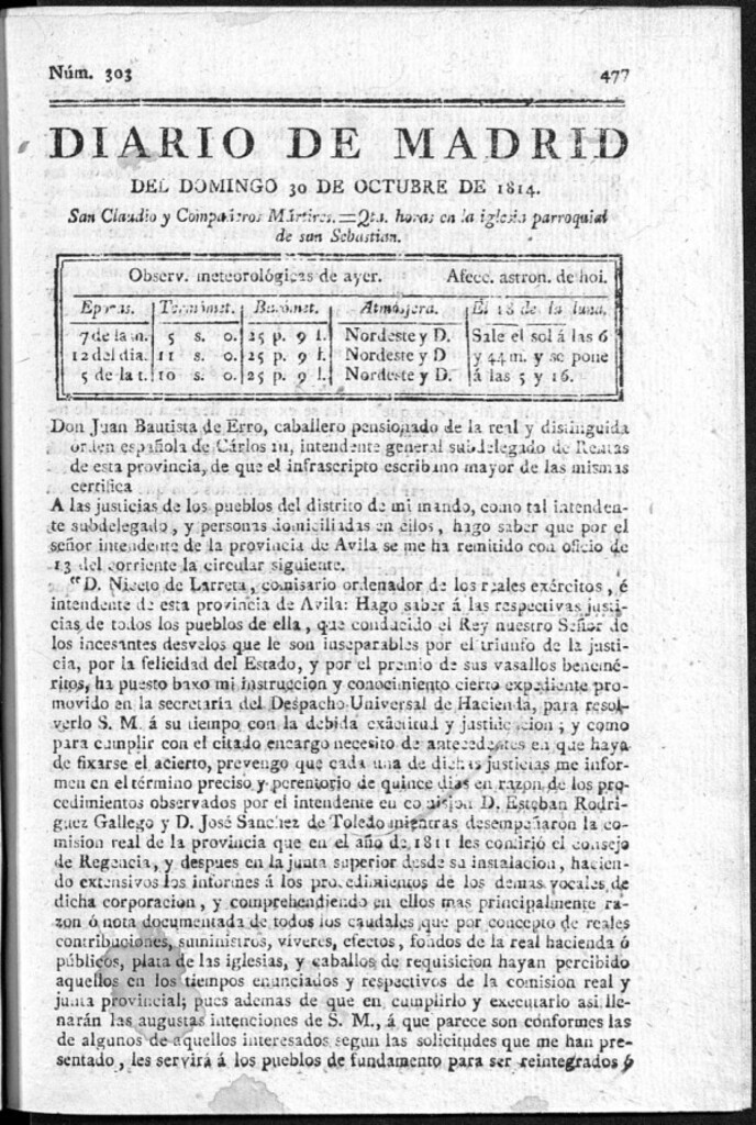 Miniatura de Diario de Madrid del domingo 30 de Octubre de 1814