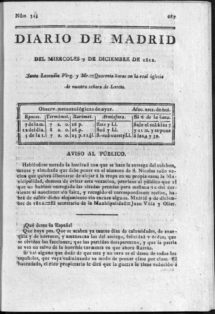 Miniatura de Diario de Madrid del miércoles 9 de Diciembre de 1812