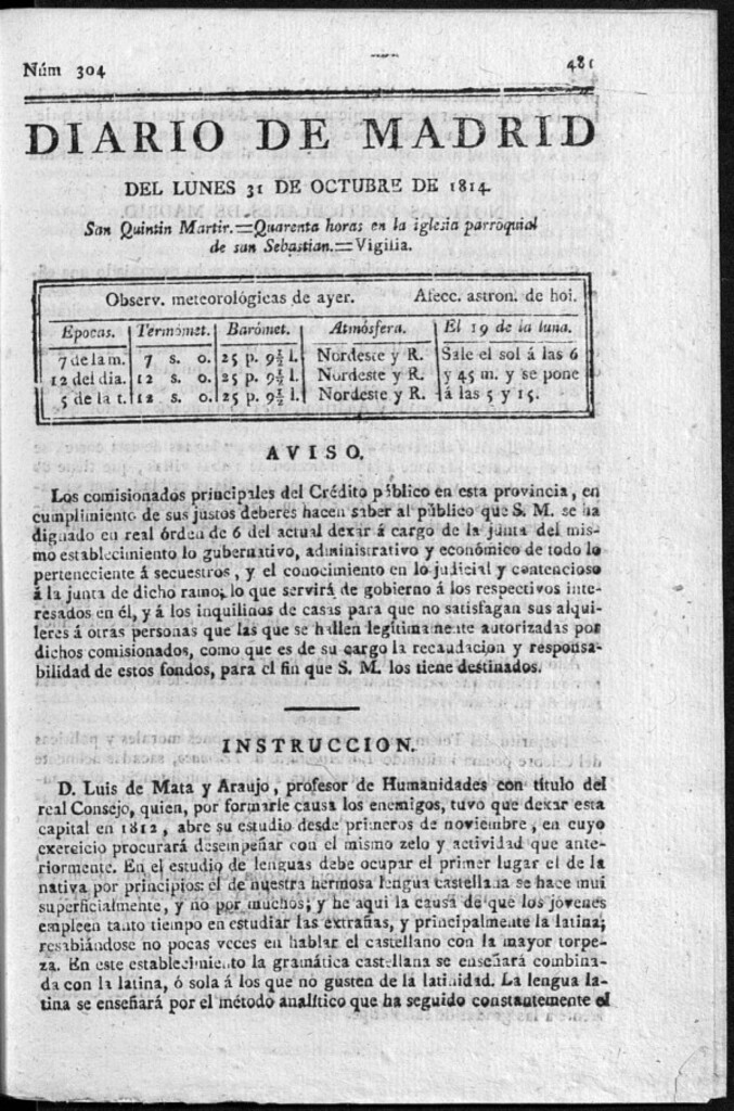 Miniatura de Diario de Madrid del lunes 31 de Octubre de 1814