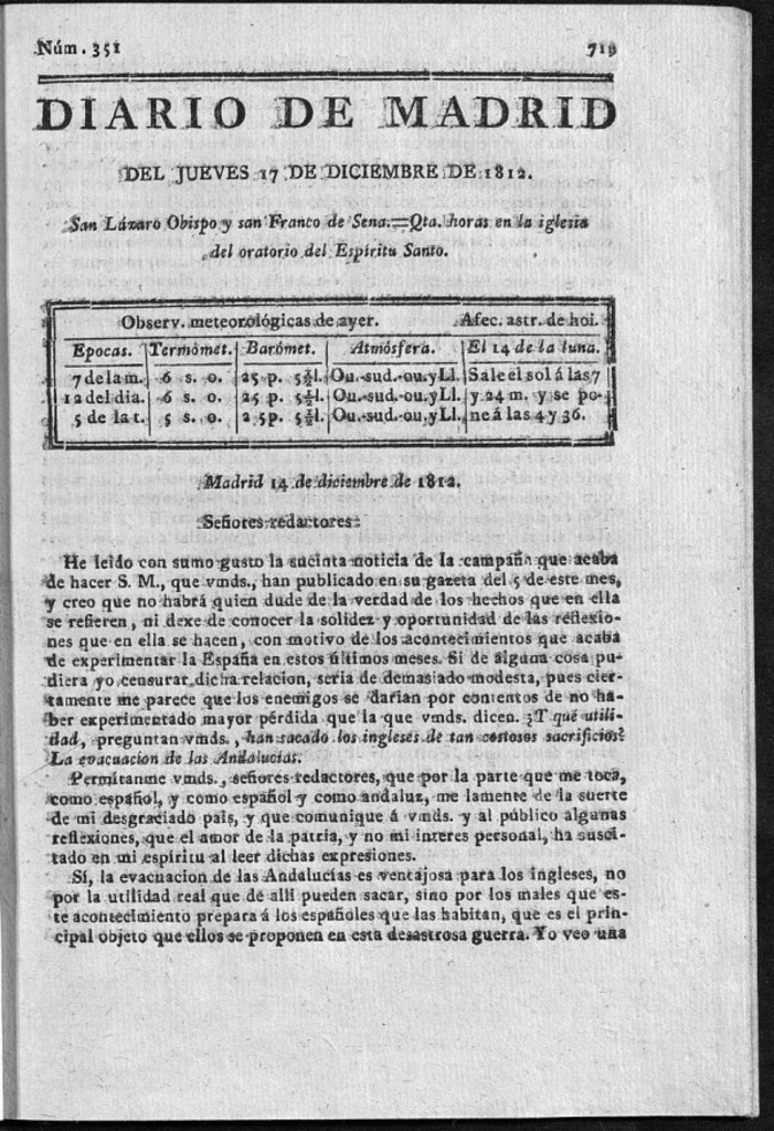 Miniatura de Diario de Madrid del jueves 17 de Diciembre de 1812