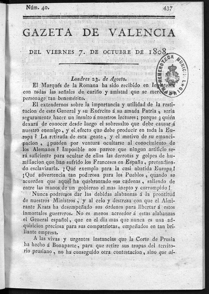 Miniatura de Gazeta de Valencia del 7 de Octubre de 1808