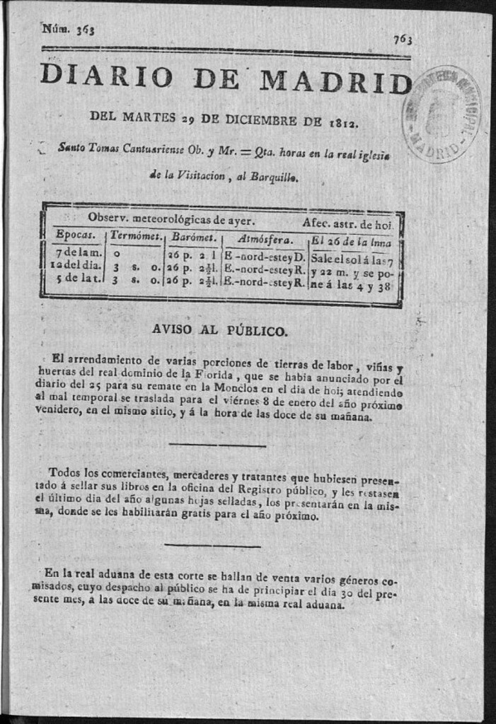 Miniatura de Diario de Madrid del martes 29 de Diciembre de 1812