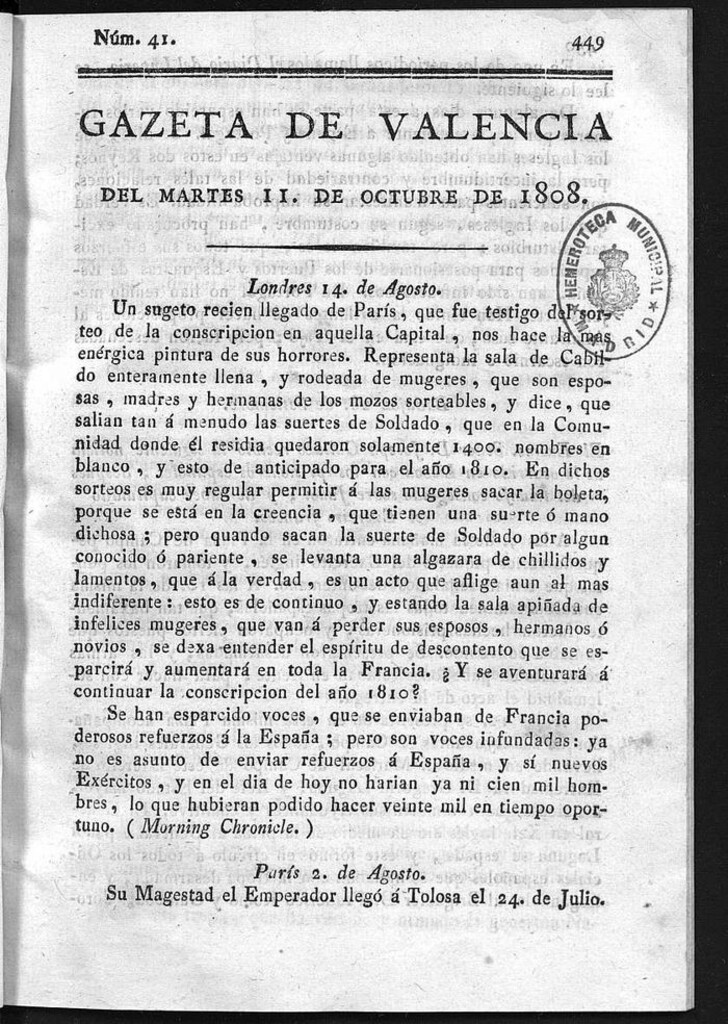 Miniatura de Gazeta de Valencia del 11 de Octubre de 1808