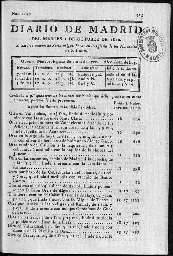 Miniatura de Diario de Madrid del martes 2 de Octubre de 1810