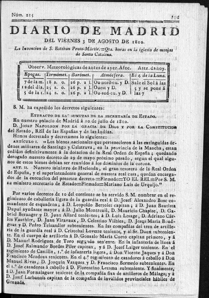 Miniatura de Diario de Madrid del viernes 3 de Agosto de 1810