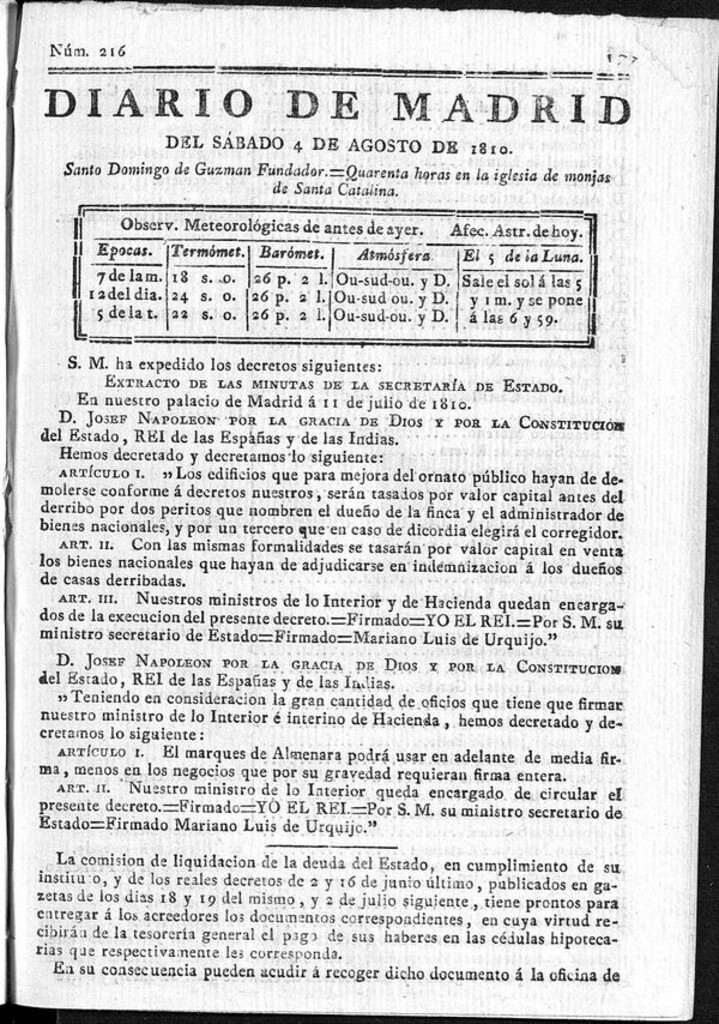 Miniatura de Diario de Madrid del sábado 4 de Agosto de 1810