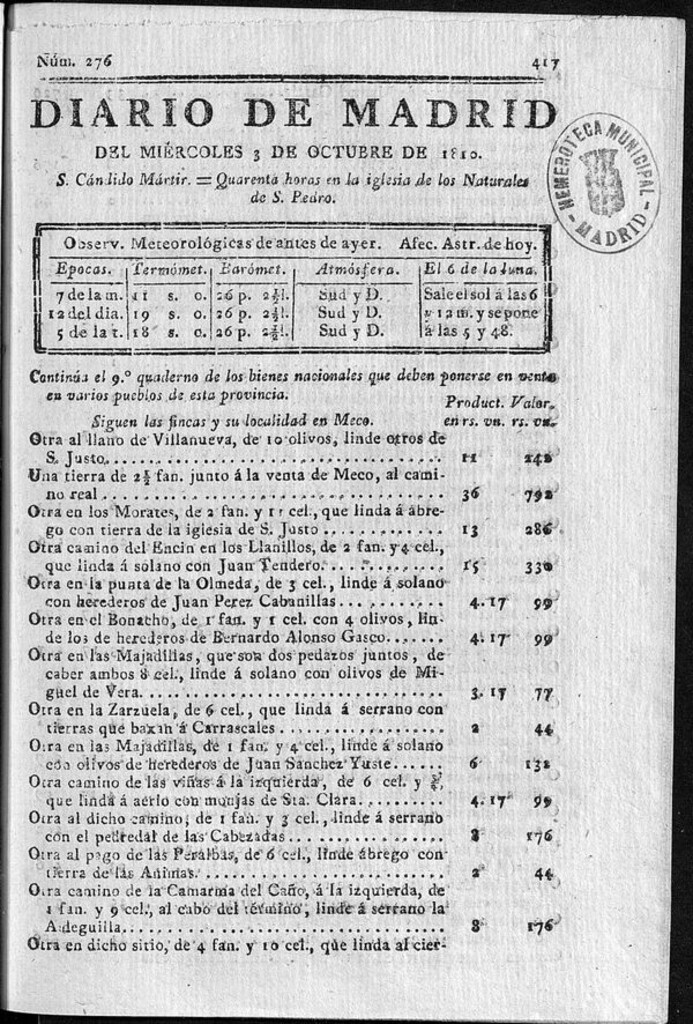 Miniatura de Diario de Madrid del miércoles 3 de Octubre de 1810